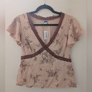 Old Navy Floral V-Neck Blouse - Light Pink and Burgundy